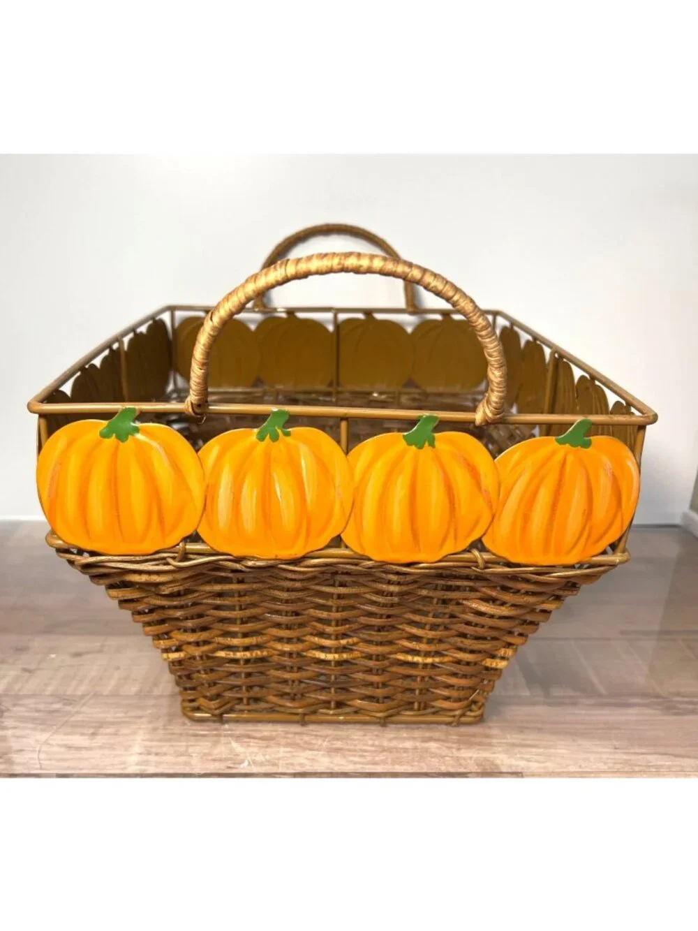 Handwoven Wicker Basket With Metal Pumpkin Accents & Handles